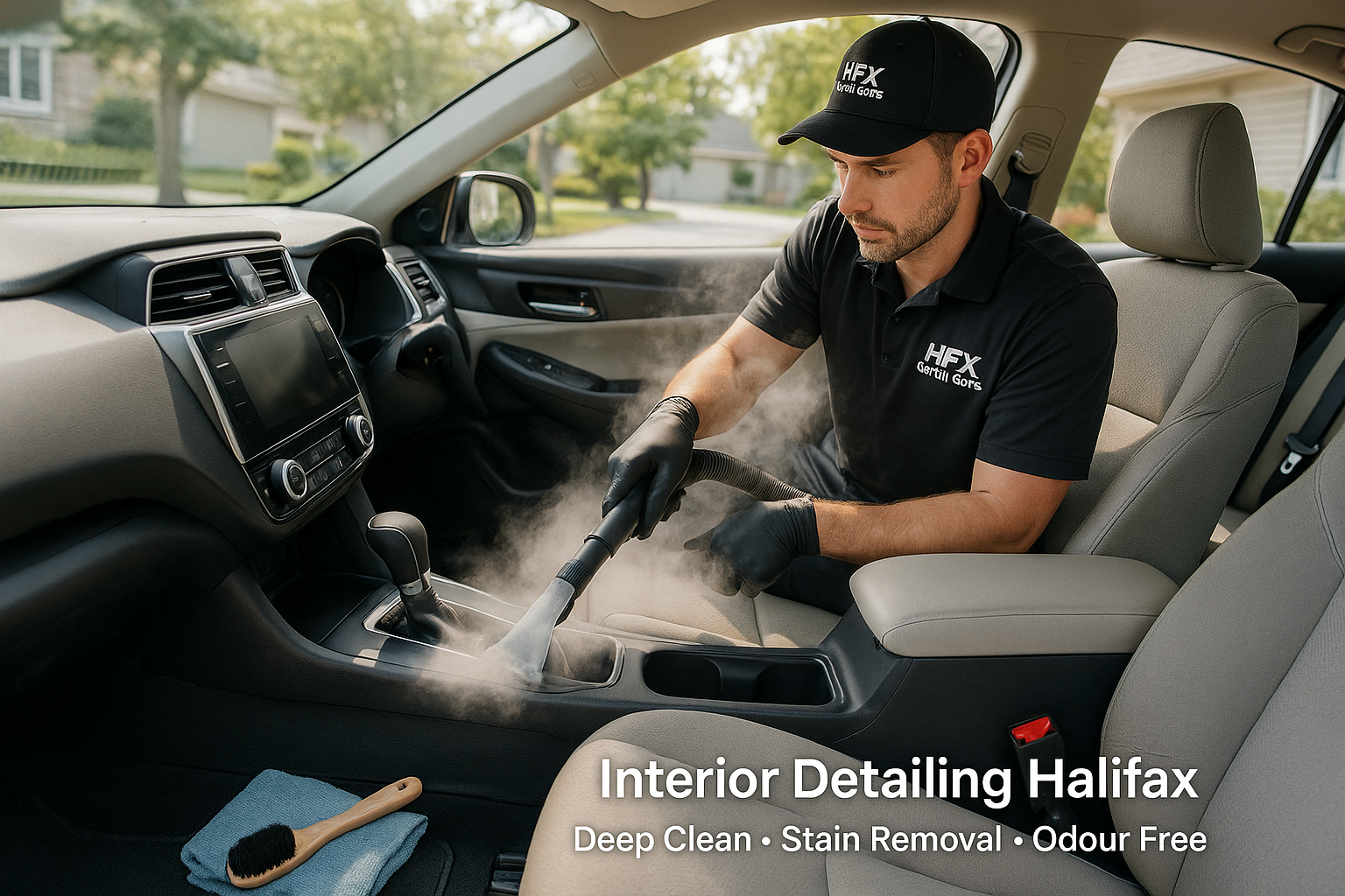 Mobile interior car detailing in Halifax – detailer steam-cleaning SUV seats in a driveway