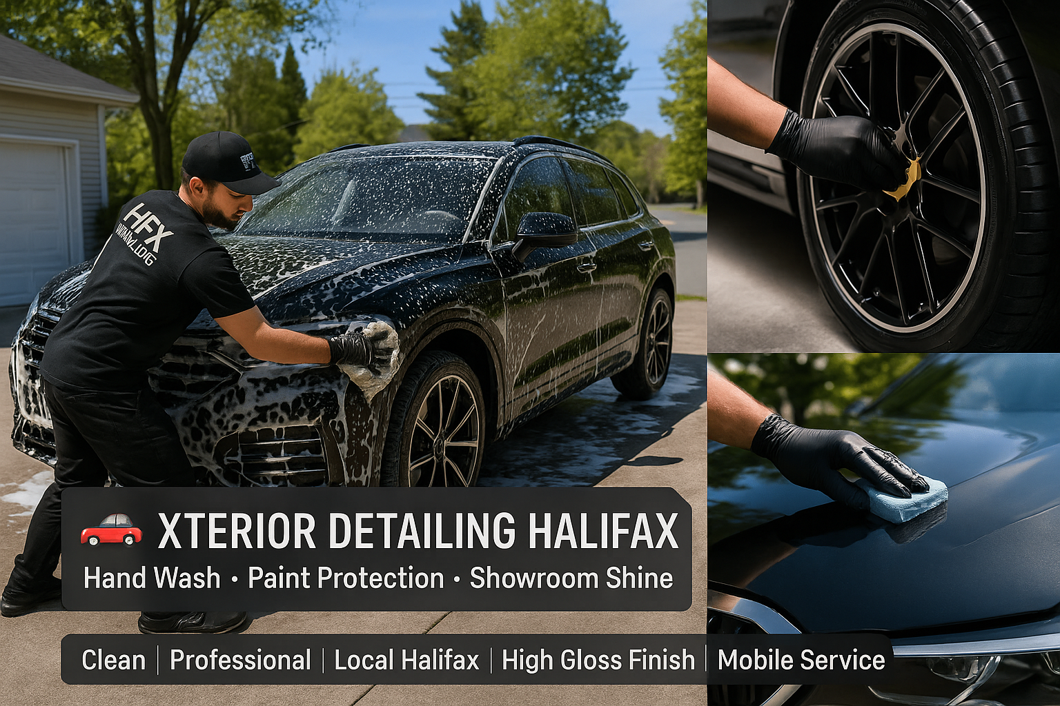 Mobile exterior car detailing in Halifax – detailer hand washing black sedan in driveway