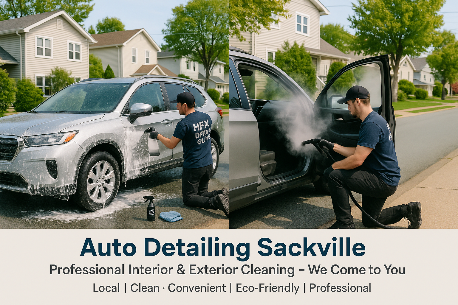 Mobile auto detailing in Sackville NS – detailer hand washing car in suburban driveway