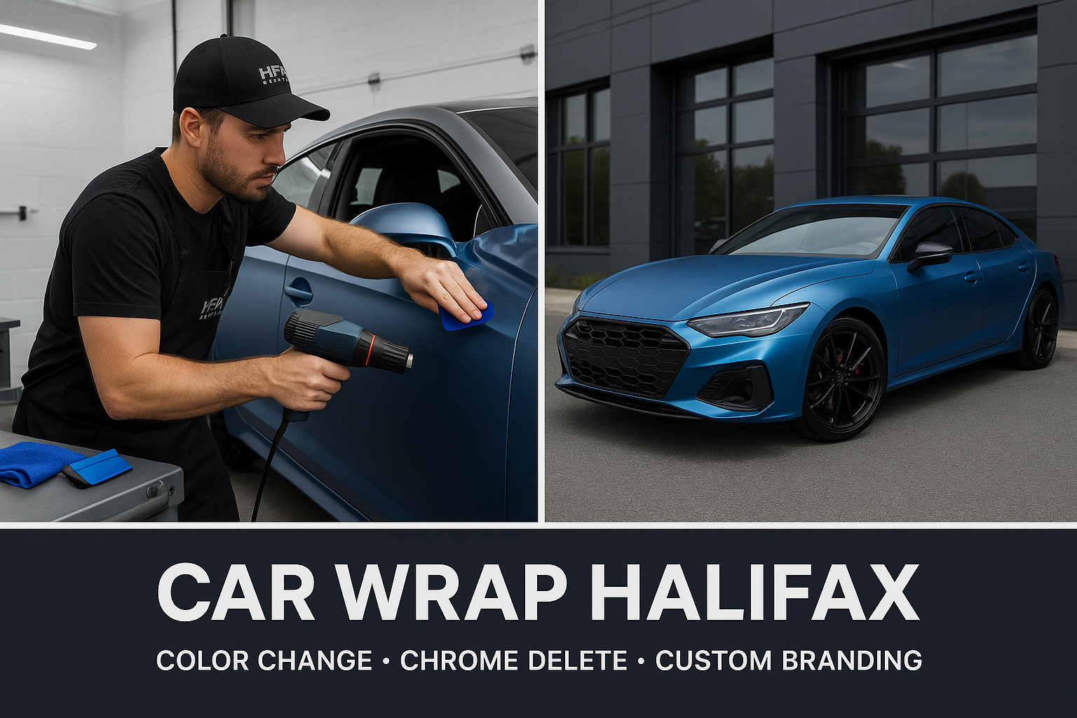 Car vinyl wrap being applied to vehicle door by HFX Detail Guys in Halifax