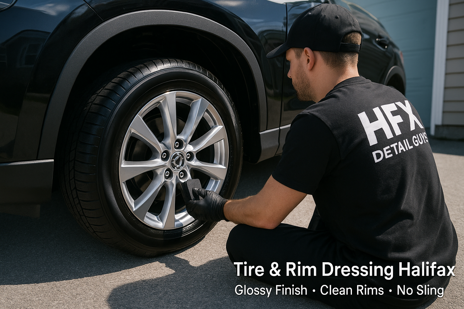 Tire and rim dressing applied to black SUV wheel by HFX Detail Guys in Halifax